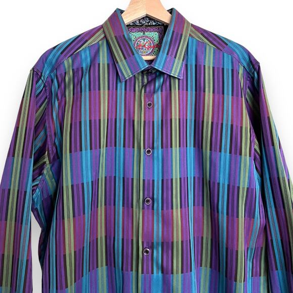 Robert Graham Purple and Teal Button Down With Embroidered Cuffs Men's Size XL - Picture 3 of 8